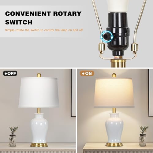 Modern Ceramic Table Lamps Set of 2, 23" White Ceramic Lamps for Living Room, Rustic Farmhouse Bedside Lamp with Ginger Jar Design, Elegant Bedroom Lamp for Nightstand Desk Side End Table Home Decor - color: White