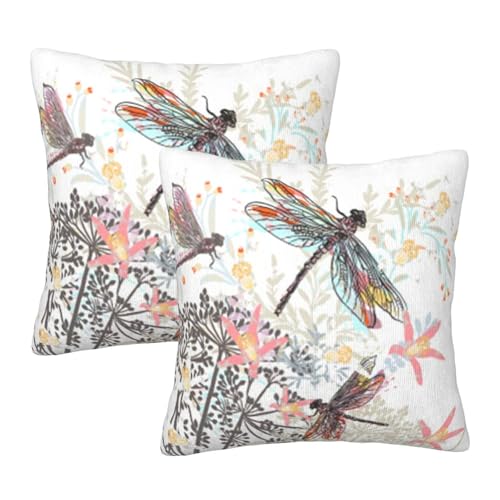 Dragonfly Flower Throw Pillow Covers 18 X 18 Inch Set of 2 Pillow Cases Decoration Cushion Cover for Sofa Bedroom Living Room Outdoor - color: Dragonfly Flower
