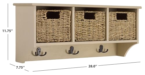 SAFAVIEH Home Collection - Finley Sand Wall Mounted 3-Basket Storage Rack with Hooks & Seagrass Baskets (HAC5700E) - color: Sand