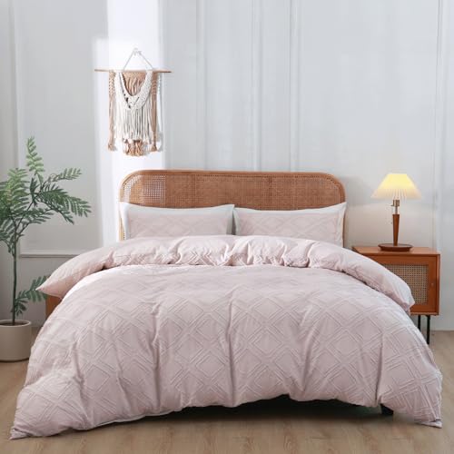 Duvet Cover Queen Size, 3PCS Boho Duvet Cover Set, Geometric Pattern Tufted Bohemian Comforter Cover Jacquard Knit Textured Bedding Set with Zipper Closure - color: Pink, size: Queen