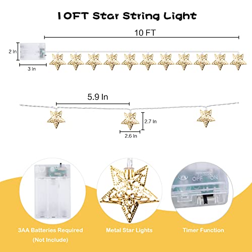 Vigdur 10Ft Star String Lights - 20 LEDs Star Fairy Lights Battery Operated with Timer, Ramadan Decoration Light for Home Bedroom Party Holiday Eid Mubark Decoration - color: Star Lights