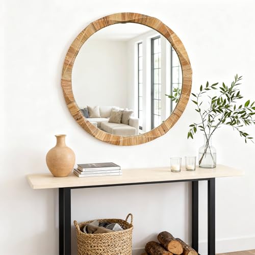 28'' Round Mirror with Irregular Twisted Rattan Frame, Boho Wall Mirror for Bedroom Living Room Entryway Decor (Natural Rattan)