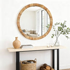 28'' Round Mirror with Irregular Twisted Rattan Frame, Boho Wall Mirror for Bedroom Living Room Entryway Decor (Natural Rattan)