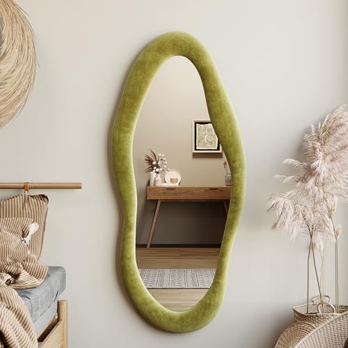 Honyee 55" x 24" Wavy Mirror, Flannel Wrapped Wooden Frame, Irregular Hanging for Cloakroom/Bedroom/Living Room, Green - color: Green, size: 55"L x 24"W