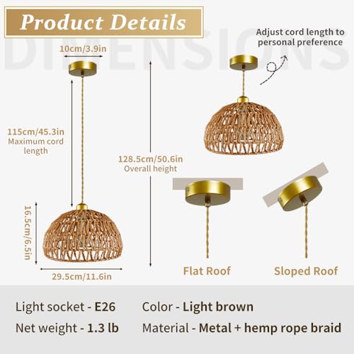 Bohemian-style woven pendant light, adjustable, Woven Hanging Lighting ,11.5"featuring a woven shade and E26 socket. Ideal for kitchen islands, farmhouses, bedrooms, and living rooms. (Bulb not ) - color: 11.5”hemispherical shaped