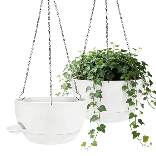 2 Pack Hanging Planters for Indoor Outdoor Plants, 12Inch Self Watering Hanging Pot with Drainage Holes and Saucer, Plastic Plant Pots, White Flower Pots for Kitchen, Balcony, Garden - color: White