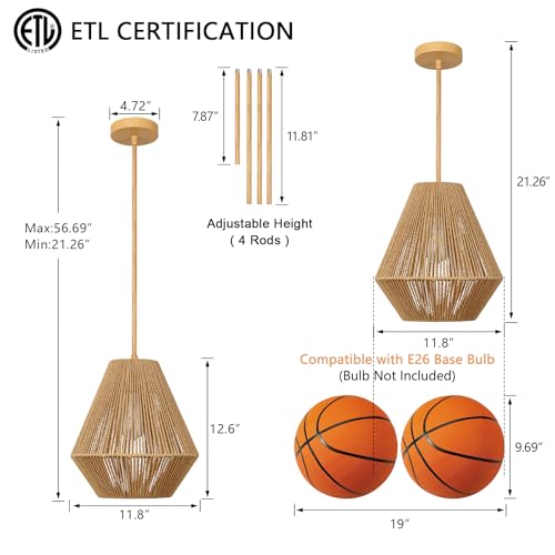 LynPon 12“ Boho Rattan Pendant Light with Rod Hanging, Natural Handwoven Boho Hanging Lamp, Rustic Farmhouse Rattan Chandelier for Dining Room Kitchen Island Bedroom Hallway Foyer Bathroom - color: 12" Wood Tone