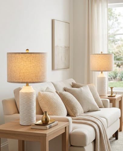 White Table Lamps Set of 2, 22" Ceramic Bedside Lamps for Bedroom - Nightstand Lamp Set of 2 with Linen Shade, Modern Farmhouse Side Table Lamps for Living Room, Rotary Switch, E26 Base