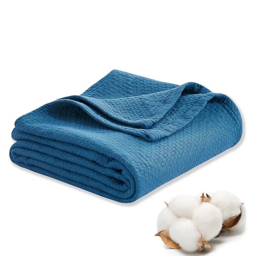 Premium 100% Cotton Blanket – All-Season Soft Breathable Bed Blanket for Twin Size – Lightweight Stylish Textured Throw for Bed– Giftable Cozy Bedding - color: Blue, size: Twin(60" x 80")