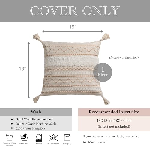 BlissBlush 18X18 Throw Pillow Cover, Cream Neutral Beige Square Decorative Cushion Cover, Boho Accent Pillowcase with Tufted Details and Tassels for Couch Sofa Living Room(Cover Only) - color: Beige, size: 18" x 18" (Pack of 1)