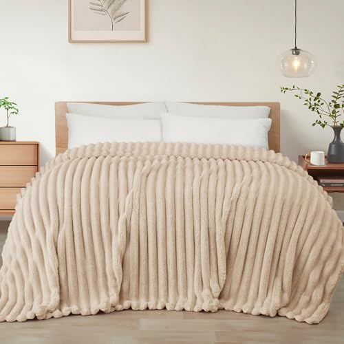 Exclusivo Mezcla King Size Flannel Fleece Blanket, Super Soft Striped Jacquard Bed Blanket, Lightweight Fuzzy Cozy for All Seasons, 90x104 Inches, Beige - color: Beige, size: King ( 90x104 IN )
