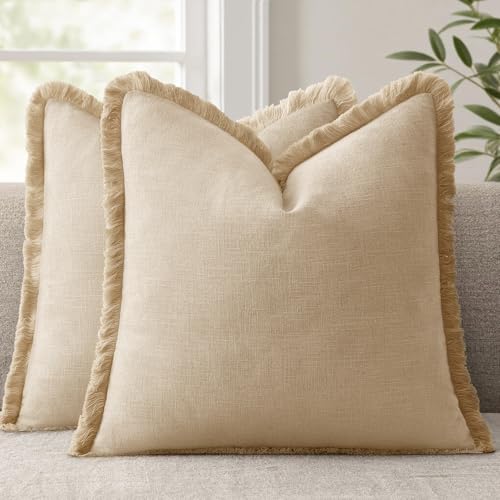 ANRODUO Set of 2 Decorative Throw Pillow Covers 24×24 Inch Soft Linen Fringe Farmhouse Boho Vintage Cushion Covers with Tassels Accent Pillowcase for Couch Sofa Bed Living Room Summer Decor Beige - color: Beige, size: 24" x 24" (Pack of 2)