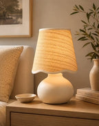 11" Small Mini Boho Table Lamp – Handmade Ceramic Cream Base with Scallop Woven Rattan Shade, Dimmable Plug-In Accent Light for Bedroom, Nightstand, Small Spaces, Kitchen Counter, Bookshelf - color: Airy Scallop Rattan Shade