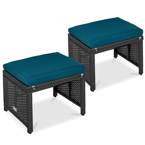 Best Choice Products Set of 2 Wicker Ottomans, Multipurpose Outdoor Furniture for Patio, Backyard, Additional Seating, Footrest, Side Table w/Removable Cushions, Steel Frame - Peacock Blue/Black - color: Peacock Blue/Black