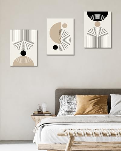 HesenDot Abstract Geometric Wall Art Set of 3, 40x60CM Minimalist Line Framed Canvas Prints, Boho Modern Beige Black Shapes Wall Decor for Living Room Bedroom Bathroom Office Home - color: Boho Line Wall Art-Framed, size: 24"L x 16"W