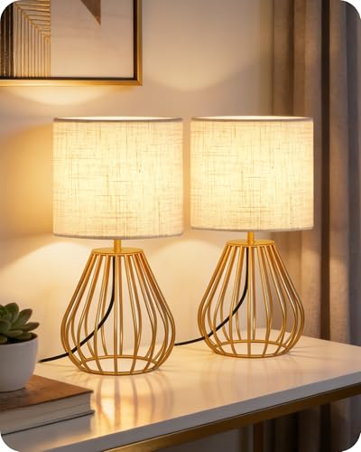 Gold Table Lamps Set of 2, Small Bedside Lamps Set of 2, 2700K LED Bulb Included, Gold Metal Base & Beige Linen Lampshade, Modern Nightstand Lamps for Bedroom, Living Room DE06TLP205 - color: 2Pack Beige + Gold