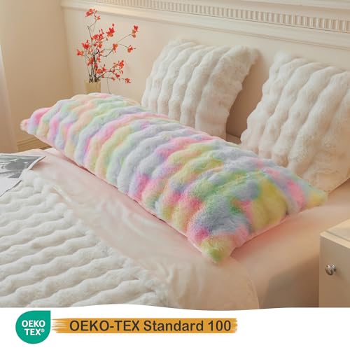LIFEREVO Fluffy Faux Rabbit Fur Body Pillow Cover, Cozy Tie Dye Bubble Shaggy Plush Bed Body Pillowcase with Zipper Closure, Long 20"x54" Fuzzy Furry Pillow Case for Bedroom Home Decoration, Rainbow - color: Rainbow