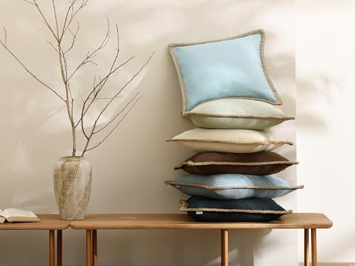 NordECO HOME Set of 2 Farmhouse Throw Pillow Covers - Burlap Linen Trimmed Tailored Edges Decorative Cushion Covers for Bed Home Decoration, 18 x 18, Blue - color: Light Blue, size: 18" x 18" (Pack of 2)