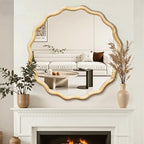 Circle Wood Mirrors for Wall, Wavy Round Bathroom Scalloped Mirror Wooden Frame 30 Inch for Living Room Farmhouse Bedroom Hallway Entryway Living Room with Shatterproof Glass Wall Mounted - size: 30"L x 30"W