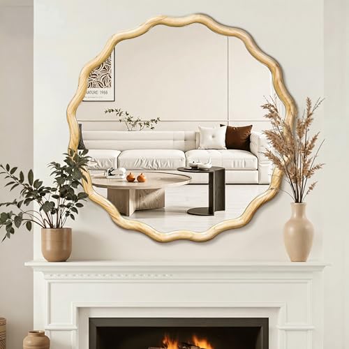 Circle Wood Mirrors for Wall, Wavy Round Bathroom Scalloped Mirror Wooden Frame 30 Inch for Living Room Farmhouse Bedroom Hallway Entryway Living Room with Shatterproof Glass Wall Mounted - size: 30"L x 30"W