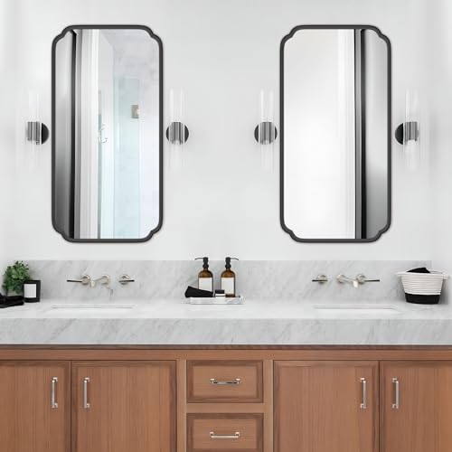 Ferytange 48 x 24 Inch Black Bathroom Vanity Mirror for Wall with Metal Frame Modern Rectangle Rounded Corner Wall Decor Mirror for Big Bathroom Over Sink (Horizontal/Vertical) - color: Black, size: 48"L x 24"W