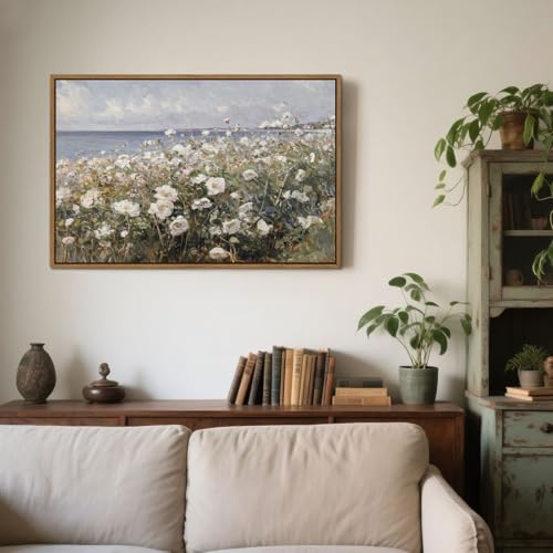 Framed Landscape Wall Art Blue Ocean Theme White Flower Pictures Wall Decor Abstract Floral Painting Prints Modern Seascape Artwork for Living Room Bedroom Bathroom Home Office Decoration, 16''x24'' - color: Blue Ocean White Flower, size: 24"L x 16"W