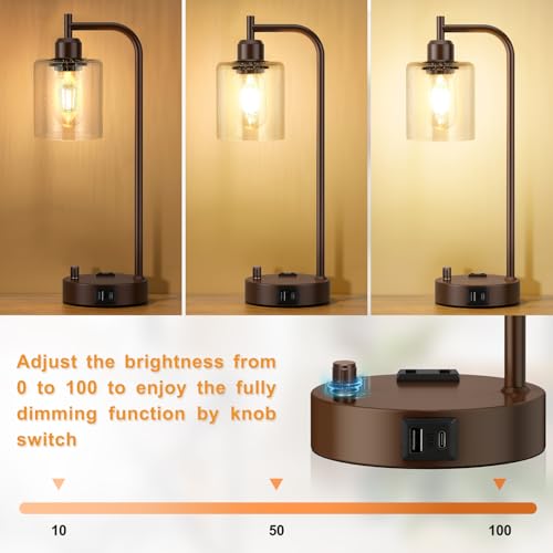 Innqoo Industrial Table Lamps for Bedrooms Set of 2 - Fully Dimmable Bedside Lamps with USB Ports and Outlet, Brown Nightstand Lamps with Glass Shade for Living Room, Desk Lamps for Office Reading - color: Brown