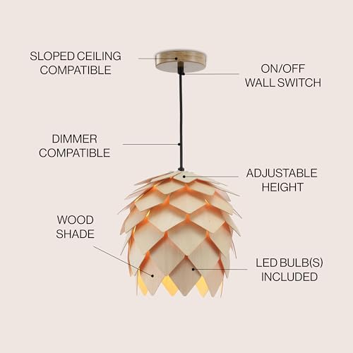JONATHAN Y 11.75" Natural/Black 1-Light Wood Pendant Light, Organic Modern Scandinavian Artichoke Silhouette, Adjustable Height Ceiling Fixture, UL Listed, LED Bulb Included JYL6125A