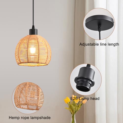Woven Pendant Light Boho Chandelier, Rattan Pendant Lights Kitchen Island, Farmhouse Pendant Lighting with Hand Woven Wicker Shade, Boho Chandelier Light Fixtures Ceiling Hanging Light - color: 7.87" Rattan 2 Pack