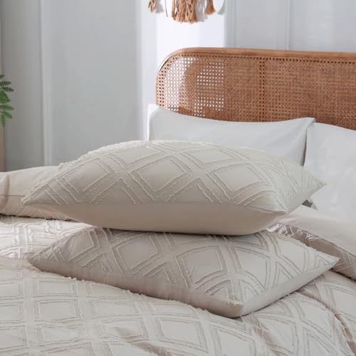 Duvet Cover Queen Size, 3PCS Boho Duvet Cover Set, Geometric Pattern Tufted Bohemian Comforter Cover Jacquard Knit Textured Bedding Set with Zipper Closure - color: Light Kahki, size: Queen