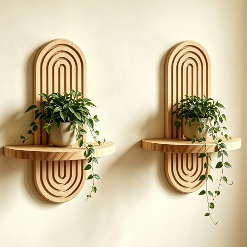 2 Pcs Wood Boho Arched Wall Shelf for Mini Plants & Decor (11.8" X 7.8") | Max 11 lbs Load, Moisture-proof, Space-saving. For Living Room, Entryway, Bedroom, Bathroom to Hold Succulent & Small Objects - size: 11.8" X 7.8"