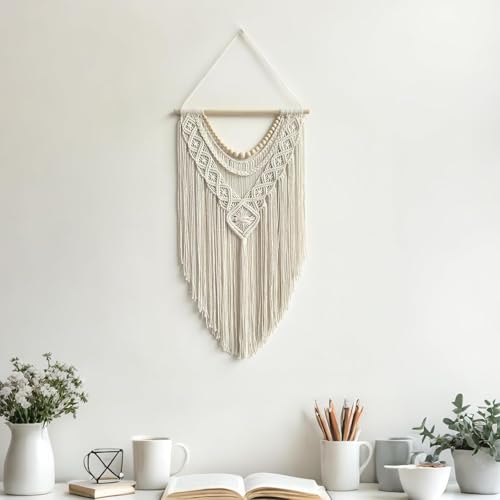 guzhiou Macrame Wall Hanging Boho Geometric Woven Tapestry Cotton Handmade Bohemian Art Decor with Wood Bead Wall Decor for Bedroom Living Room Apartment Nursery 31.5" L x 17" W(Wood bead-A) - color: Wood bead-A