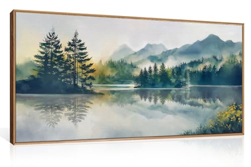 HPNIUB Large Green Mountain Framed Canvas Wall Art Set, Nature Foggy Forest Lake Reflection Wall Decor,Modern Pine Tree Artwork,Watercolor Landscape Art Print for Living Room,Bedroom,Office-20 x40 - color: Nature Mountain Wall Art, size: 40"L x 20"W