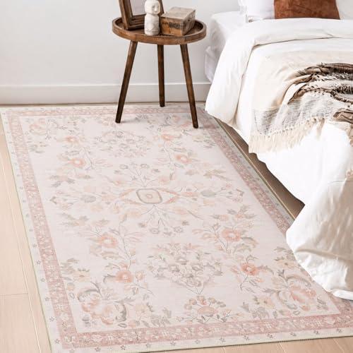 MUJOO 3x5 Rug Washable,Pink Floral Area Rugs for Bedroom Bedside Entryway Living Room Kitchen,Boho Small Indoor Floor Rug Non Slip Throw Carpet Low Pile Vintage - color: Pink, size: 3' x 5' (Rectangular)