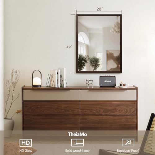 Walnut Wood Bathroom Mirrors for Wall Mounted, 36" x 28" Rectangle Rustic Wood Framed Wall Mirror, Decorative Farmhouse Mirror for Bathroom, Bedroom, Entryway, Horizontally/Vertically - color: Walnut, size: 36"L x 28"W