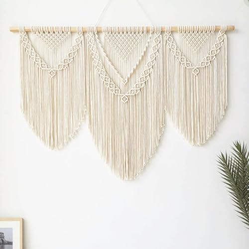 oiikain Large Handmade Boho Macrame Wall Hanging Tapestry - Chic Bohemian Woven Home Decor art for Living Room, Bedroom, and Wedding Parties (43''x32'', Three Triangle) - color: Beige Three Triangle