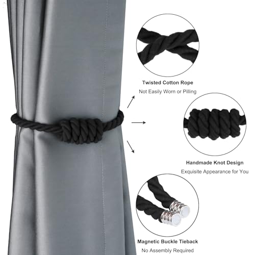 BEL AVENIR Magnetic Cotton Curtain Tiebacks, Decorative Drapery Holdbacks Modern Woven Tie-Backs with Exquisite Knot (Black Cotton, 2 Pack) - color: Black Cotton, size: 2 Pack