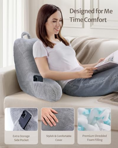 Blissful Diary Plush Velvet Reading Pillow for Kids/Teens/Adults, Back Rest Pillow for Sitting Up in Bed with Shredded Memory Foam, Includes Arms and Washable Cover, Light Gray - color: Velvet Light Gray, size: Standard(18inch)