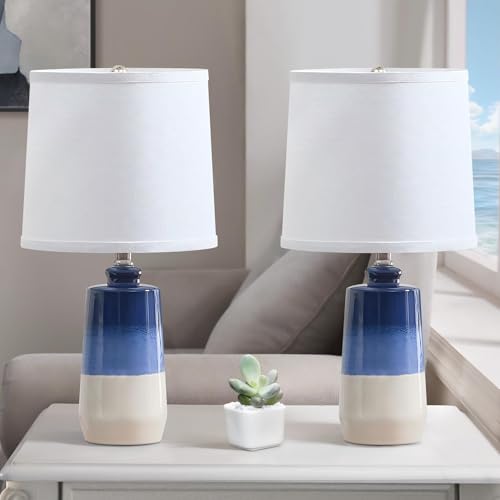 EUO 20.5" Ceramic Blue Lamps for Nightstand Set of 2, Blue Table Lamps for Living Room Set of 2, Coastal Table Lamp for Bedroom with White Barrel Lampshade, Blue White Ceramic Lamp for Small Space - color: Navy Blue-S