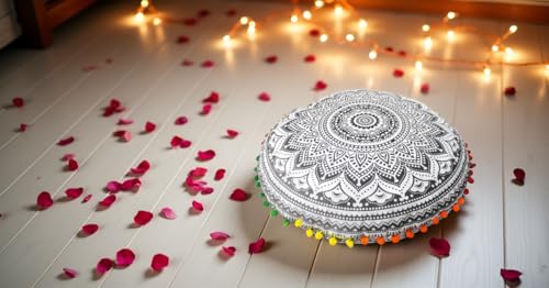 Round Mandala Floor Pillow Cover Seating Cushion Throw Cover Hippie Decorative Bohemian Ottoman Pouf Cover, Pom Pom Pillow Cases,Boho Indian 32 Inches Grey Ombre - color: Grey, size: 32" Round