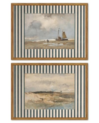 Framed Vintage Coastal Landscape Wall Art Set of 2, Retro Blue and White Striped Beach Sailboat Pictures Wall Decor, Rustic Beachy Nautical Paintings Canvas Prints for Living Room Bathroom 12x16 inch - color: Blue and White Striped, size: 16L" x 12W"