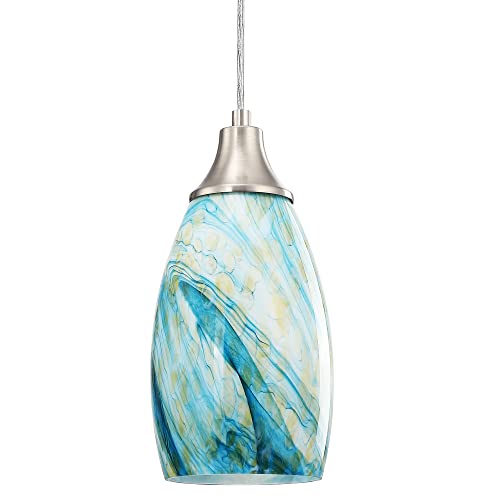 Art Glass Mini Pendant Lights for Kitchen Island Blown Art Glass Pendant Light Shade hanging ceiling lights with Brushed Nickel Finish for Kitchen Counter bar,Dining Room Blue Mixing Yellow-1P - color: Blue Mixing Yellow-1Pack