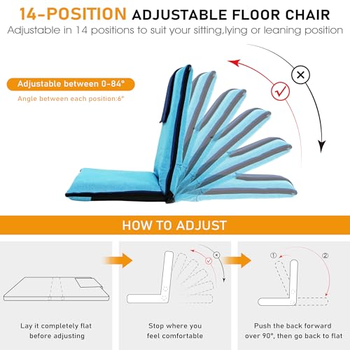 FASTMOMENT Floor Chair with Back Support 14-Position Adjustable Floor Chair Portable Ground Seating for Adults Foldable Meditation Seat with Japanese KOYO Bearings & Washable Linen Cover (Bright Blue) - color: Bright Blue & Dark Blue, style: Regular