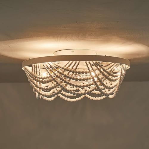 Boho Ceiling Fan with Lights Flush Mount,20 Inch Bohemia White Wood Bead Close to Ceiling Fan Light, 4 Lights Low Profile Enclosed Ceiling Fans with Remote Control for Bedroom Living Room Kitchen - color: White