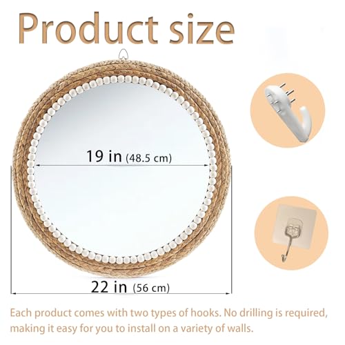 22 Inch Boho Style Decorative Mirror, Round Rattan Wall Hanging Mirror, Nature Rattan Woven Round Mirror, Makeup, Dressing Mirror, Suitable for Dressing Room, Living Room, Bedroom, Farmhouse