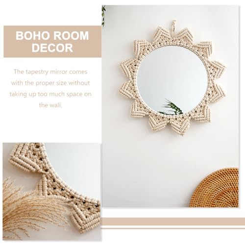 PRETYZOOM Bohemian Style Round Hanging Mirror Woven Cotton Rope Elegant Wall Decor for Bedroom Bathroom Living Unique Handmade Design for Rustic and