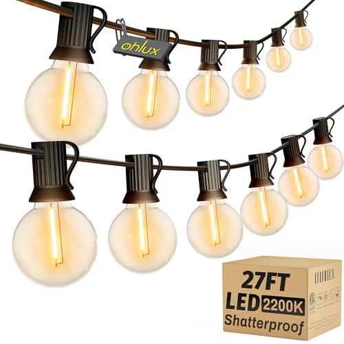 OHLUX Outdoor String Lights, 27FT LED Patio Lights with 13 Dimmable Plastic G40 Globe Bulbs(1 Spare), 2200K Waterproof Connectable Hanging Lights for Backyard Porch Cafe Party Decor E12 Socket Base - size: 27FT