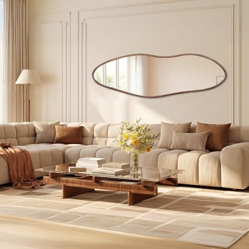 Irregular Full Length Mirror 64"x21", Cloud-Shaped Design with Rounded Oak Hardwood Frame in Black Walnut, Asymmetrical Wall Mirror for Bedroom,Living Room,Cloakroom,Horizontal/Vertical