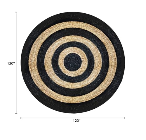 GRUHUM Round Jute Black Area Rugs 10ft Natural Fiber Rug with Rings Handwoven Boho Reversible Farmhouse Braided Rustic Vintage Rug Indoor Kitchen Bedroom Living Room Hallways Enterways 10 feet Circle - color: Natural / Black, size: 10' (Round)