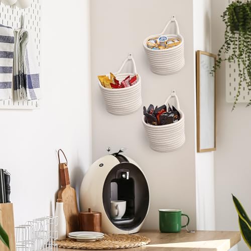 Fabric Wall Hanging Baskets - 3Pack Woven Pouchs Boho Style Wall Mounted Bag with Adhesive Hooks, Storage Organizers and Decoration Pocket Caddy Bins on Door Rack (White & White, Large) - color: White & White